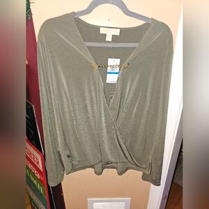 NWT Michael Kors Surplice Blouse Olive Long Sleeve SZ XL